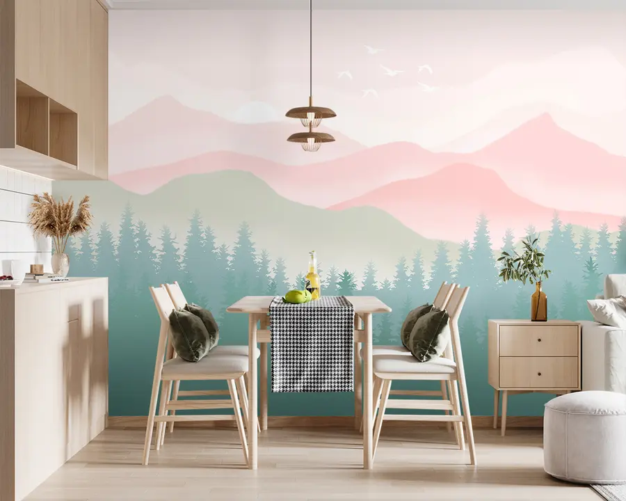 wall murals Foggy Mountains with Pine Forest, Soft Natural colors, Pink and Green u98774