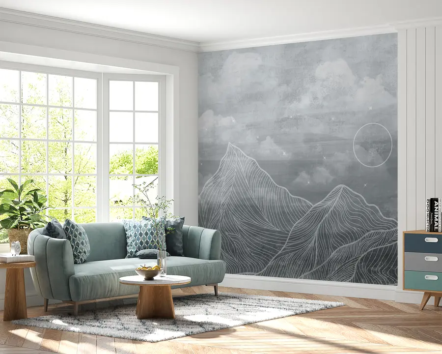wall murals Grunge Texture with Clouds and Mountains, Grey Color, Nature Theme Art u98838v1