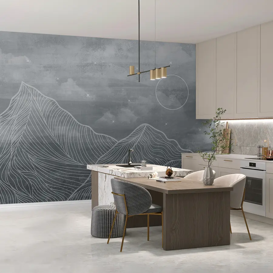 wall murals Grunge Texture with Clouds and Mountains, Grey Color, Nature Theme Art u98838v1