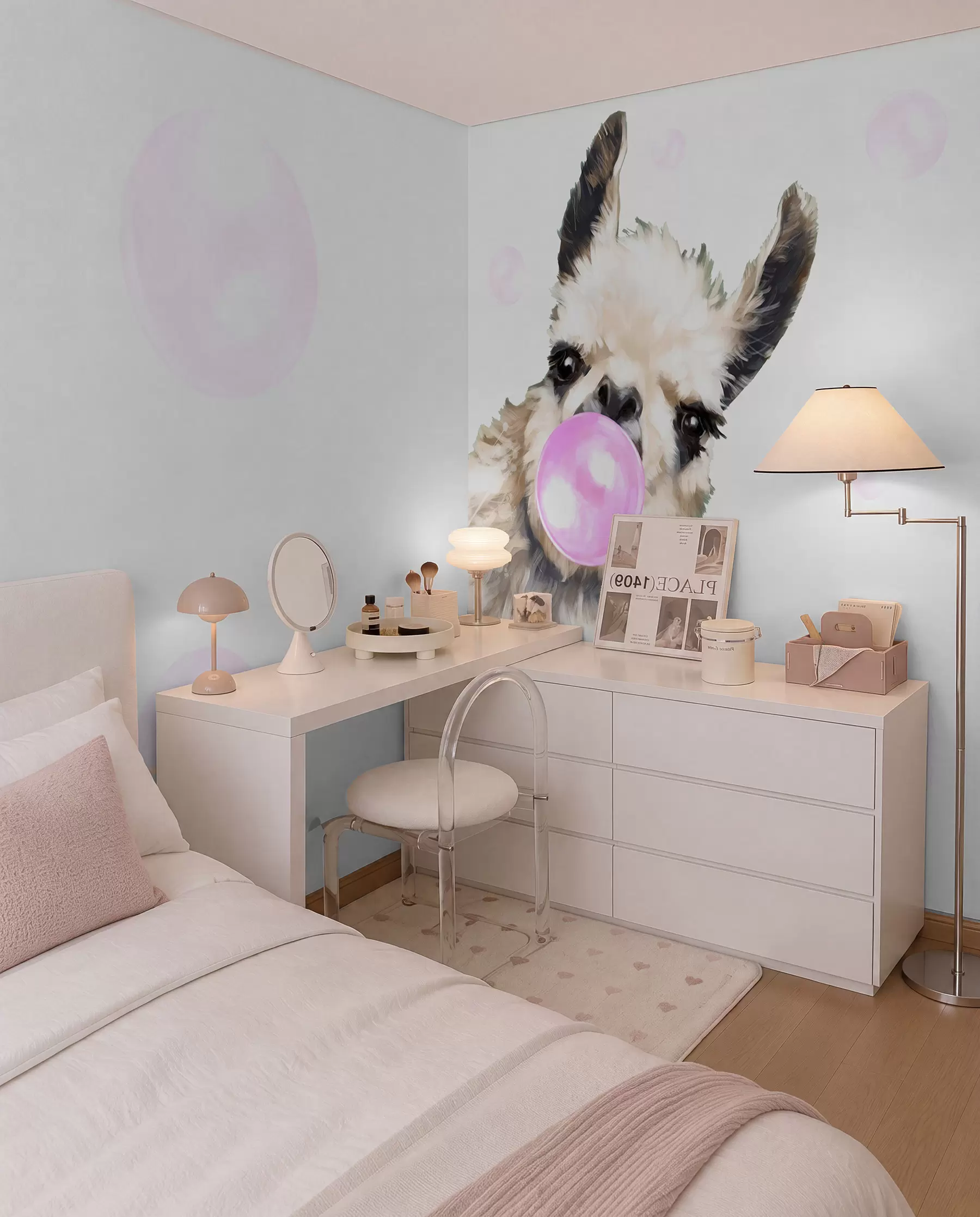 wall murals Funny llama and pink bubbles u98952
