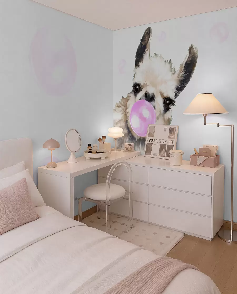 wall murals Funny llama and pink bubbles u98952