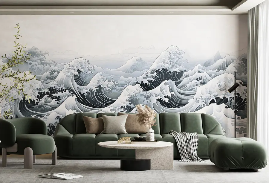 wall murals Japanese Style Sea Waves, Ocean Theme, Marine, Soft Colors u98898