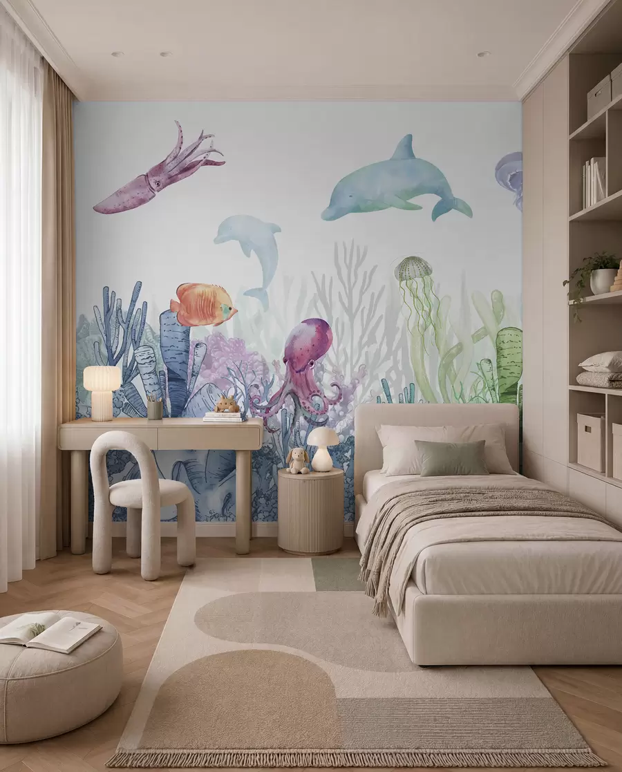 wall murals Underwater Sea Life, Sea Animals, Watercolor, Corals, Dolphin, Octopus u98899