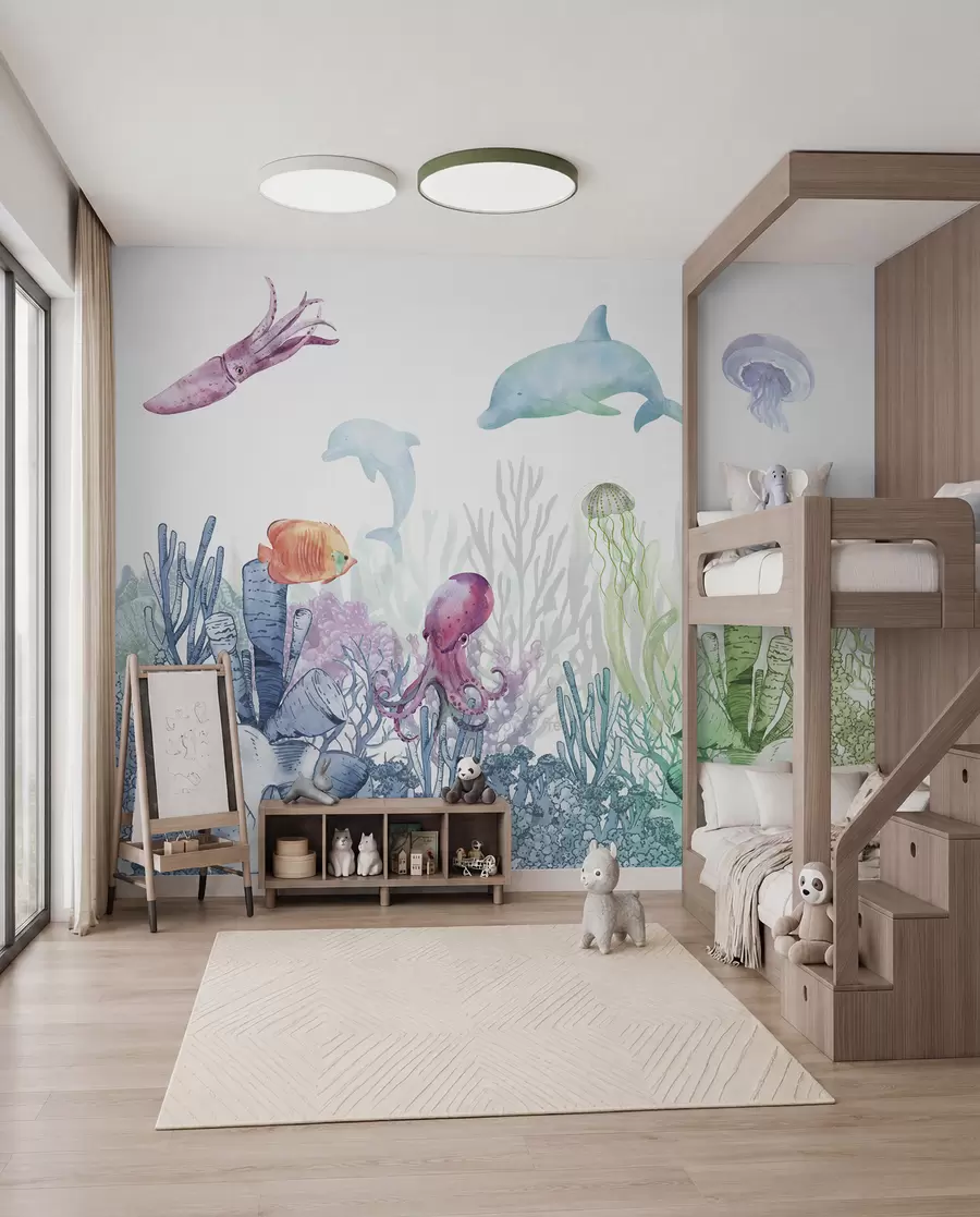 wall murals Underwater Sea Life, Sea Animals, Watercolor, Corals, Dolphin, Octopus u98899