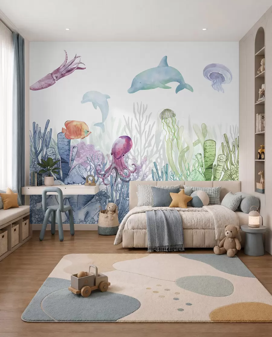 wall murals Underwater Sea Life, Sea Animals, Watercolor, Corals, Dolphin, Octopus u98899