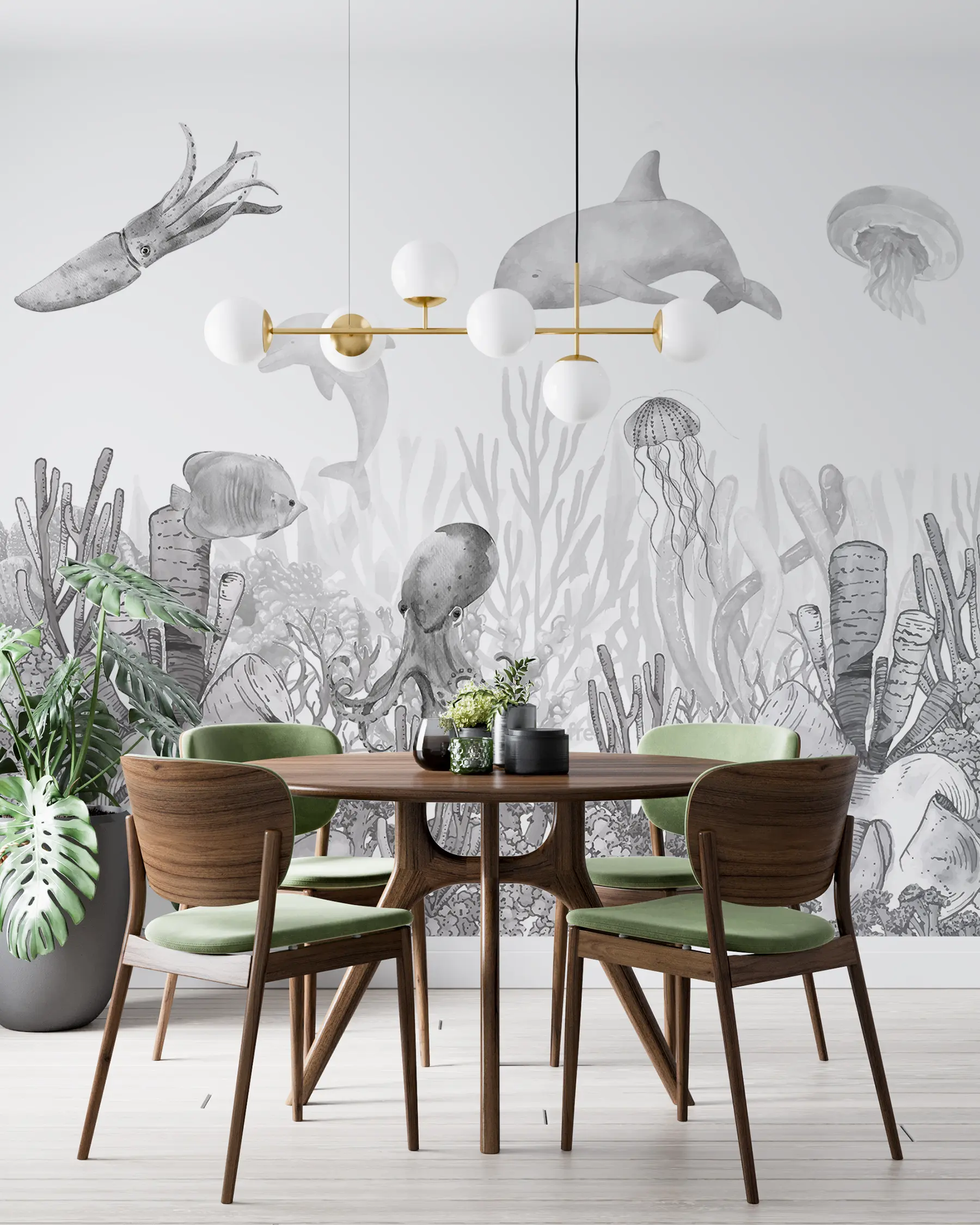 wall murals Underwater Sea Life, Sea Animals, Watercolor Grey Color, Corals, Dolphin, Octopus u98899v1