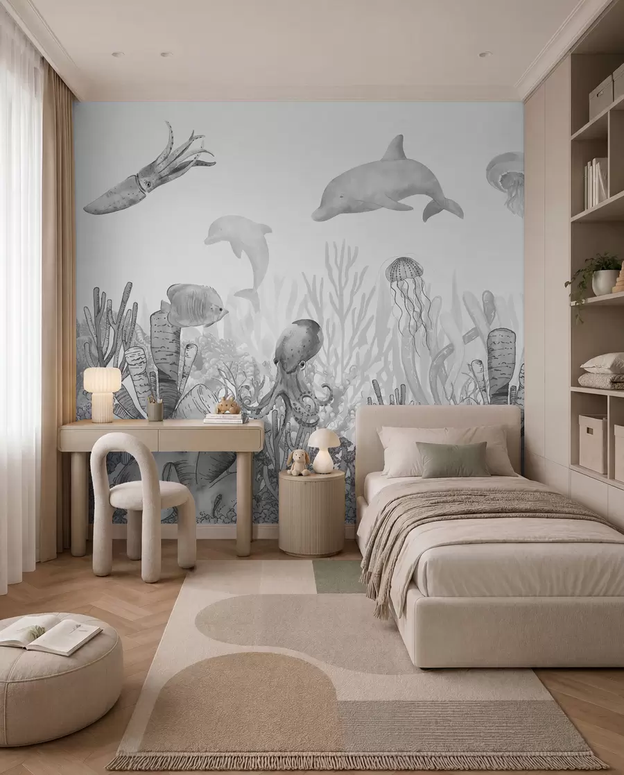 wall murals Underwater Sea Life, Sea Animals, Watercolor Grey Color, Corals, Dolphin, Octopus u98899v1