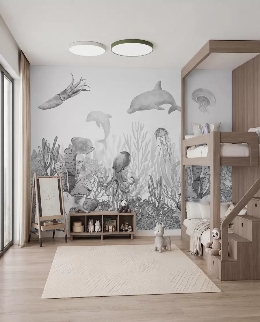 wall murals Underwater Sea Life, Sea Animals, Watercolor Grey Color, Corals, Dolphin, Octopus u98899v1