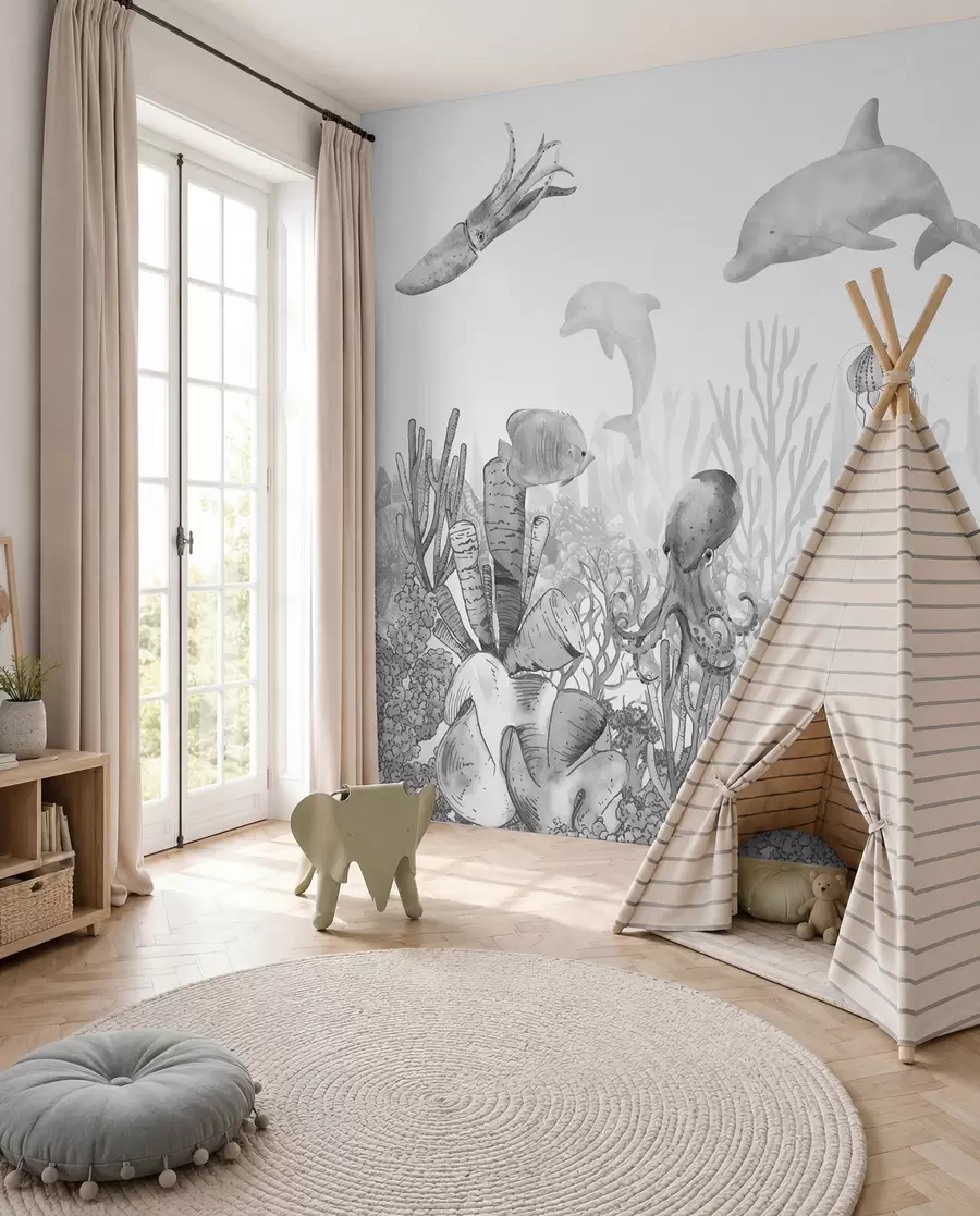 wall murals Underwater Sea Life, Sea Animals, Watercolor Grey Color, Corals, Dolphin, Octopus u98899v1