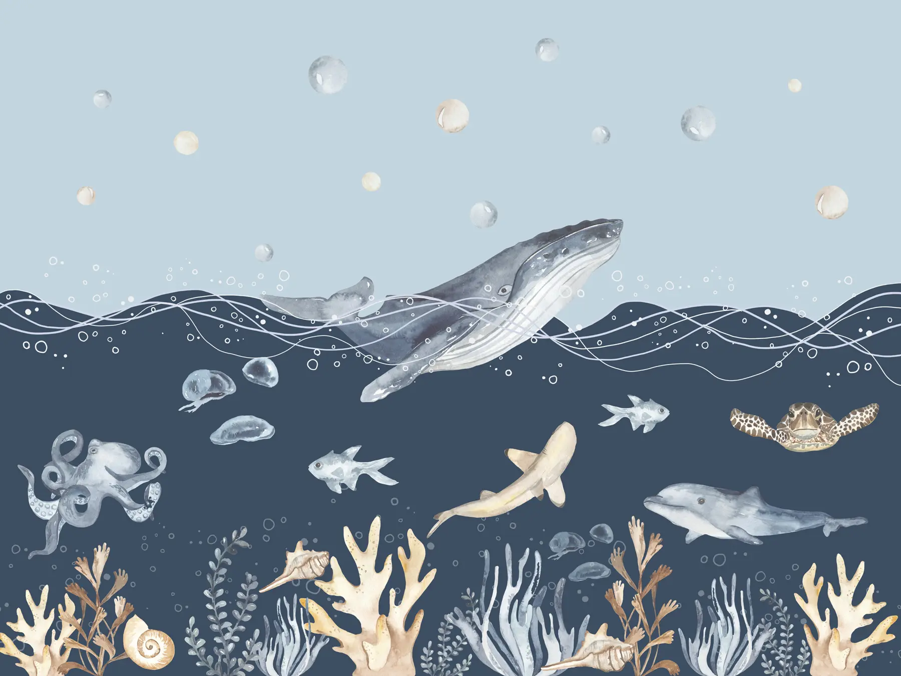 wall murals Underwater Sea Life, Whale, Dolphin, Corals, Sea Animals, Ocean Theme, Pastel Colors u98902