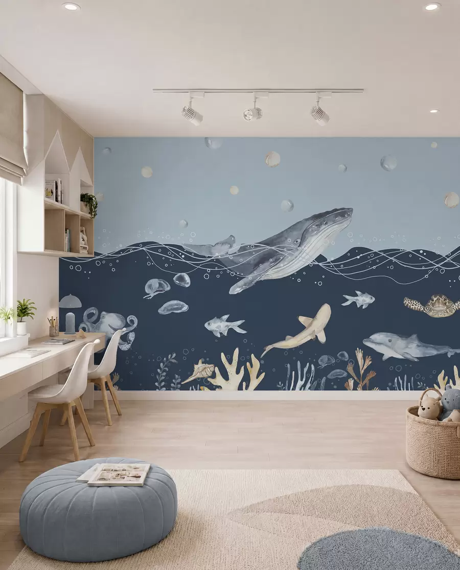wall murals Underwater Sea Life, Whale, Dolphin, Corals, Sea Animals, Ocean Theme, Pastel Colors u98902