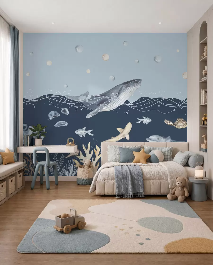 wall murals Underwater Sea Life, Whale, Dolphin, Corals, Sea Animals, Ocean Theme, Pastel Colors u98902