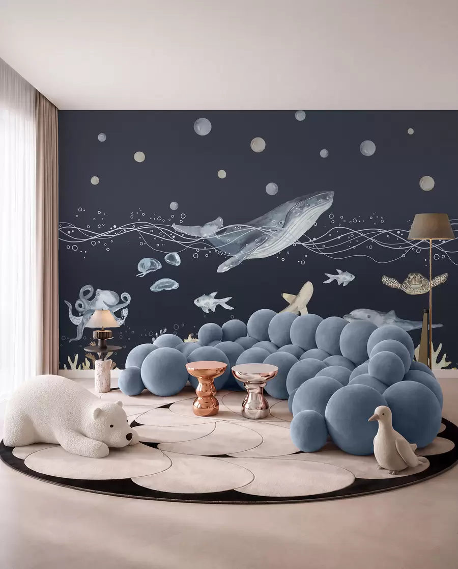 wall murals Underwater Sea Life, Whale, Dolphin, Corals, Sea Animals, Beige and Blue u98902v1