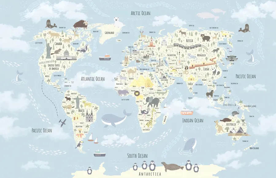 wall murals Children's world map with animals and landmarks u96587