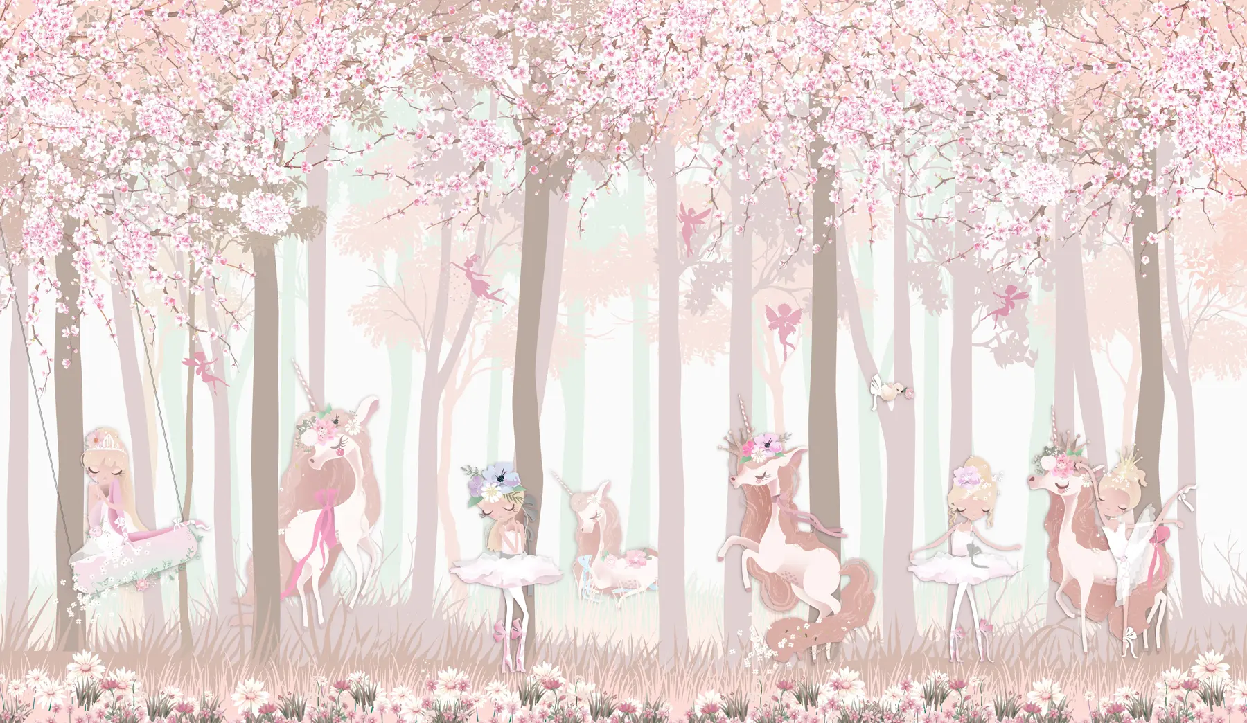 wall murals A forest with princesses and unicorns u98694