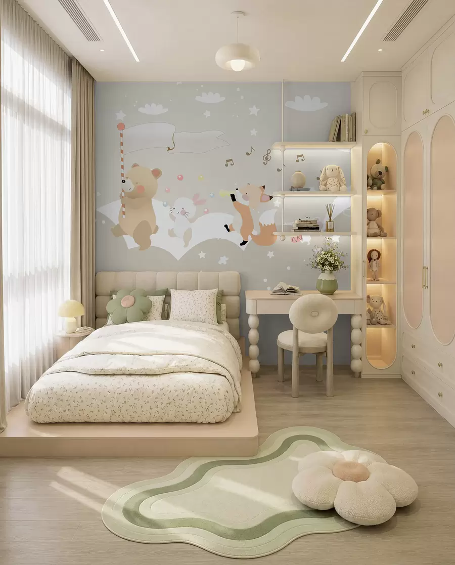 wall murals Wallpaper design for children's room with cute animals in pink colours u98969