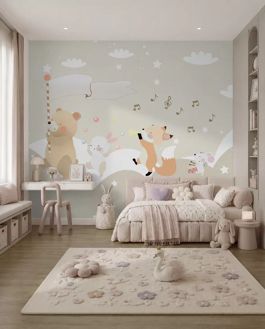 wall murals Wallpaper design for children's room with cute animals in pink colours u98969