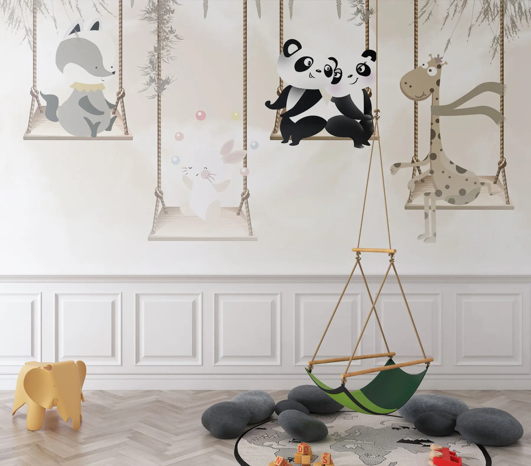 wall murals Wallpaper design for children's room with giraffe, raccoon, hare and pandas on the swings u98972