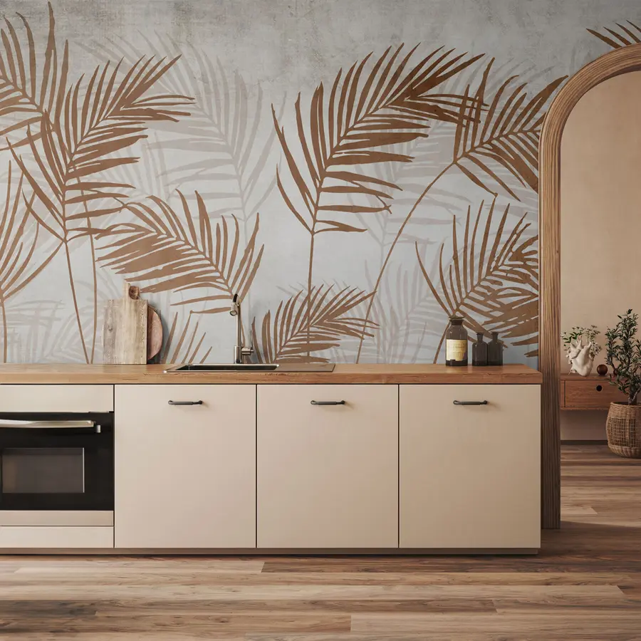 wall murals Wallpaper design with tropical trees and leaves in the misty forest u98974