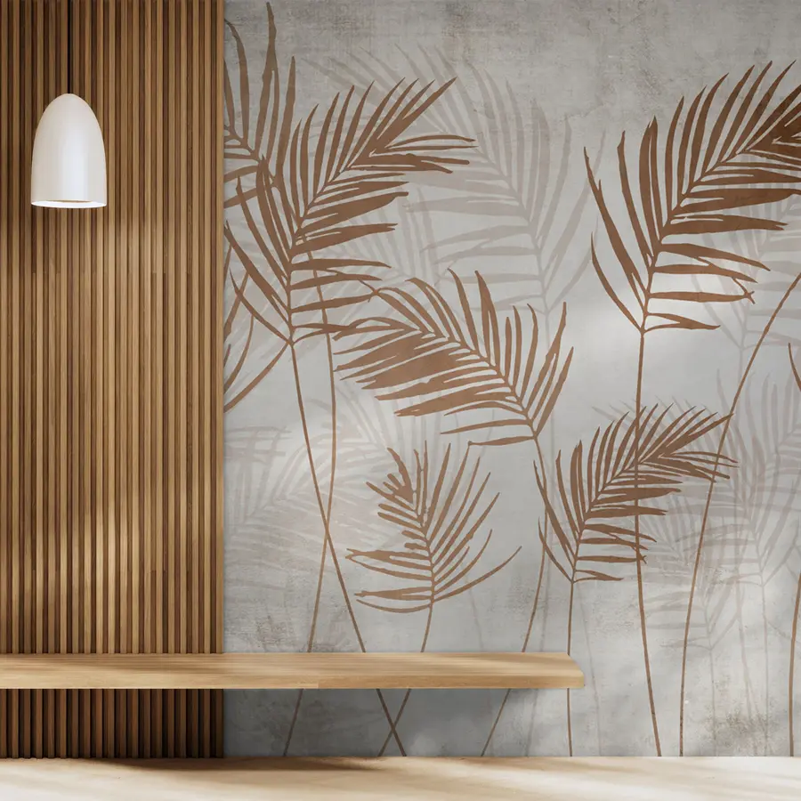 wall murals Wallpaper design with tropical trees and leaves in the misty forest u98974
