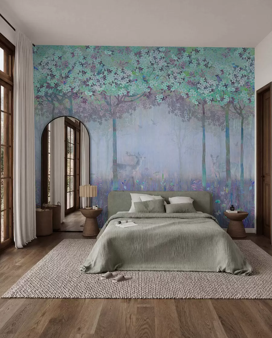 wall murals Deer in a Blue Blossom Wood u62100v1