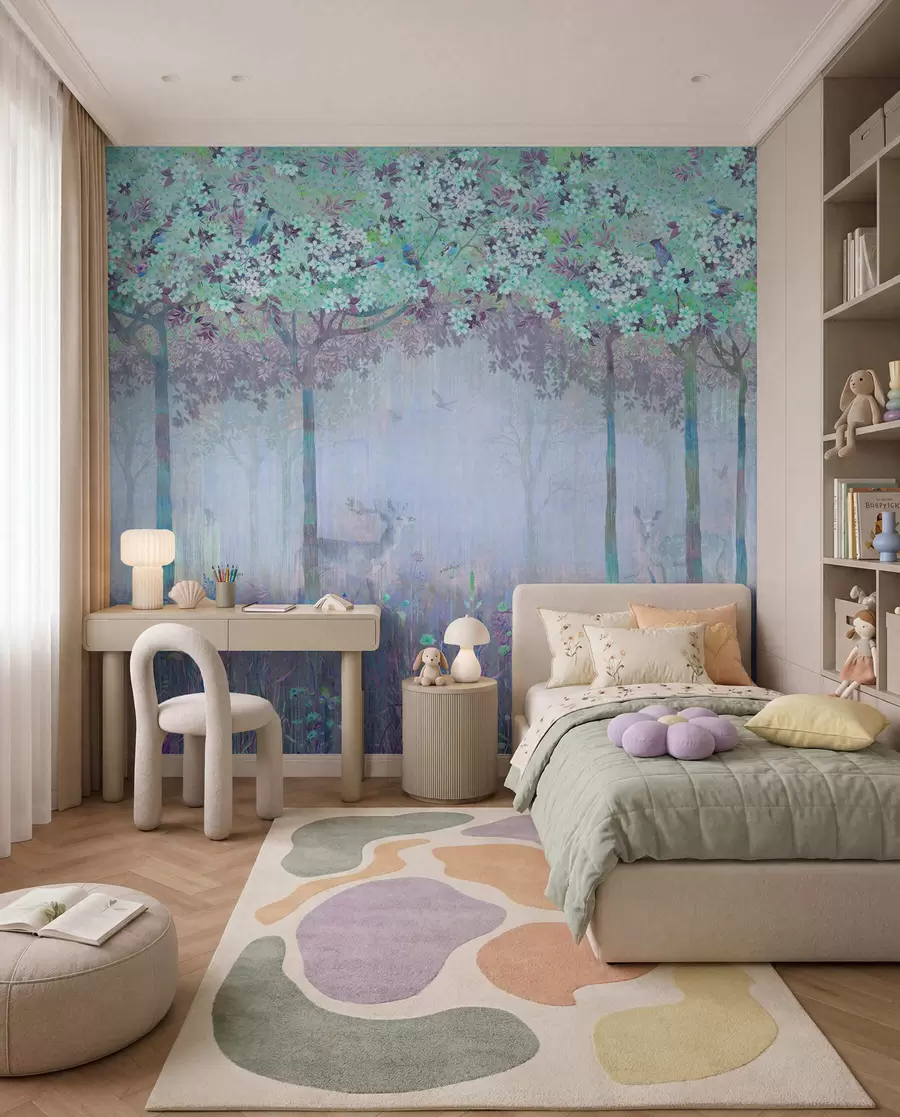 wall murals Deer in a Blue Blossom Wood u62100v1