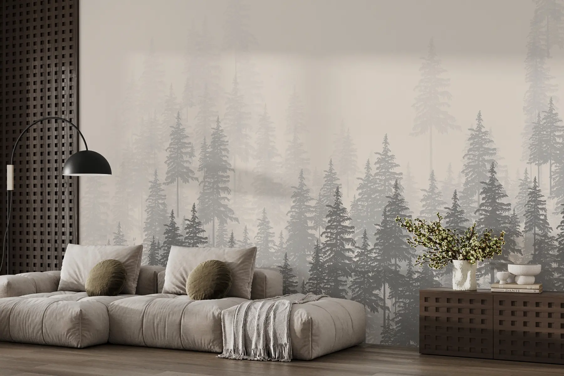 wall murals Monochromatic illustration of an evergreen forest u99076