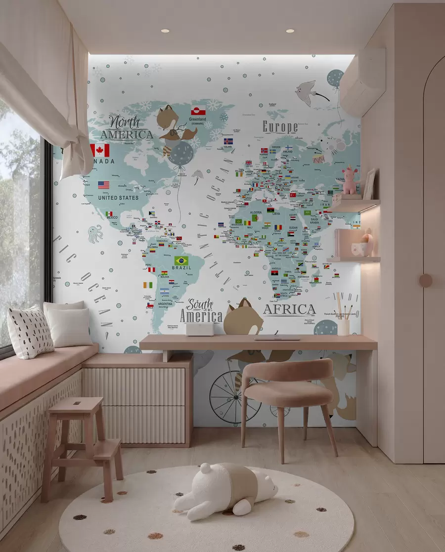 wall murals Children's world map with animals u99228