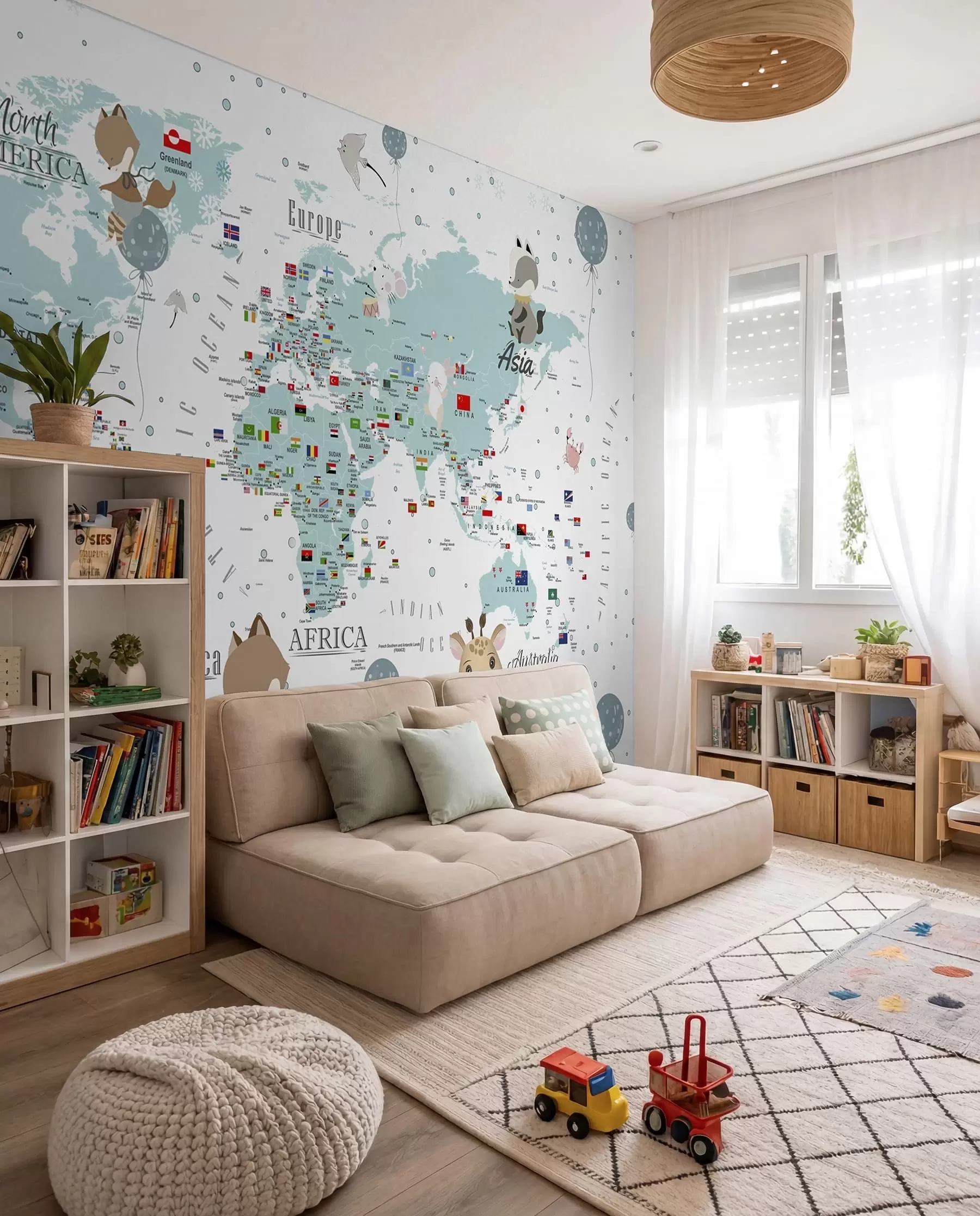 wall murals Children's world map with animals u99228
