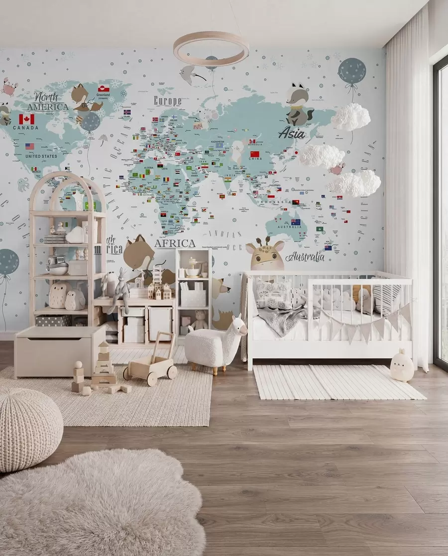 wall murals Children's world map with animals u99228