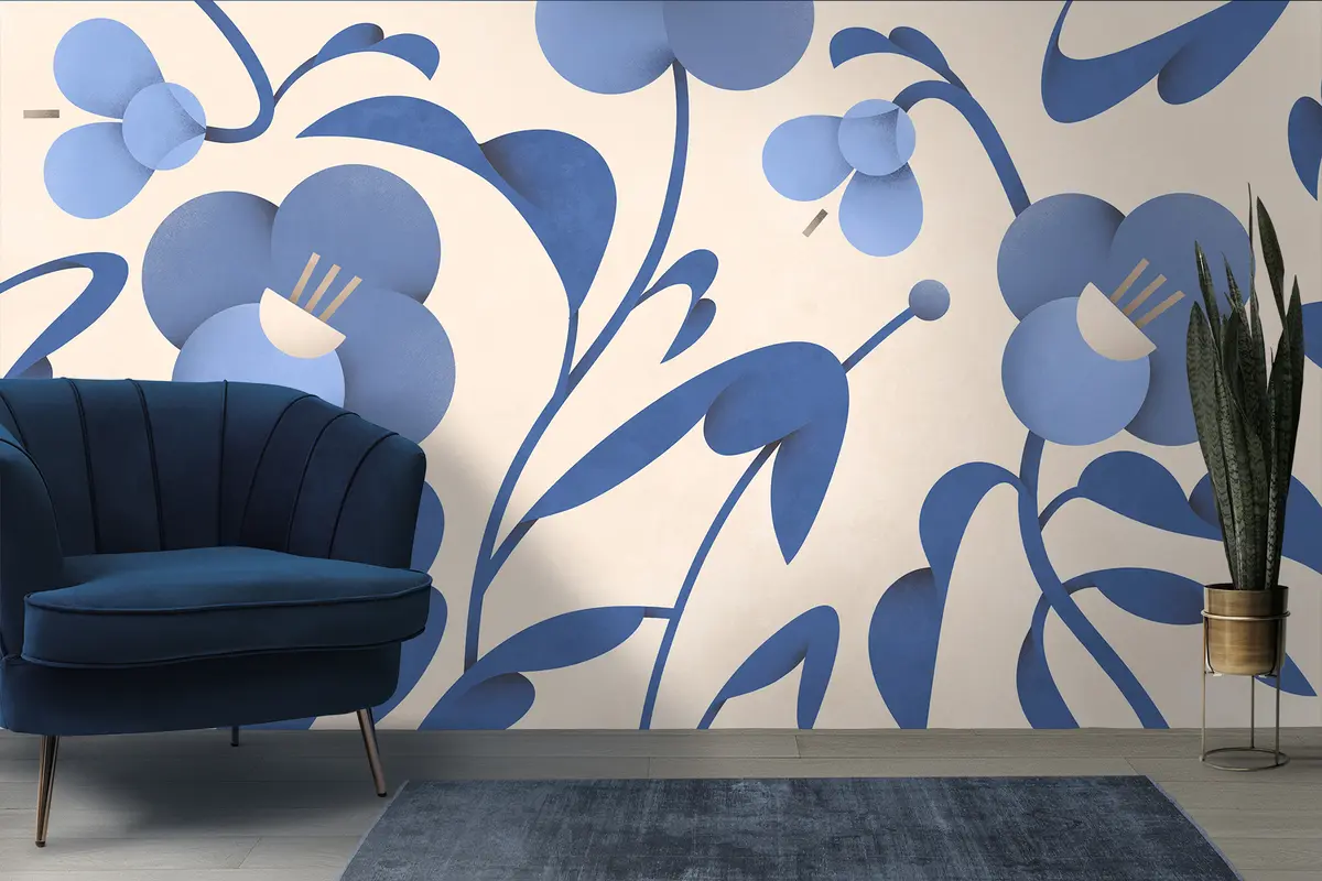wall murals Botanical print with decorative blue flowers on a beige background u99196v7