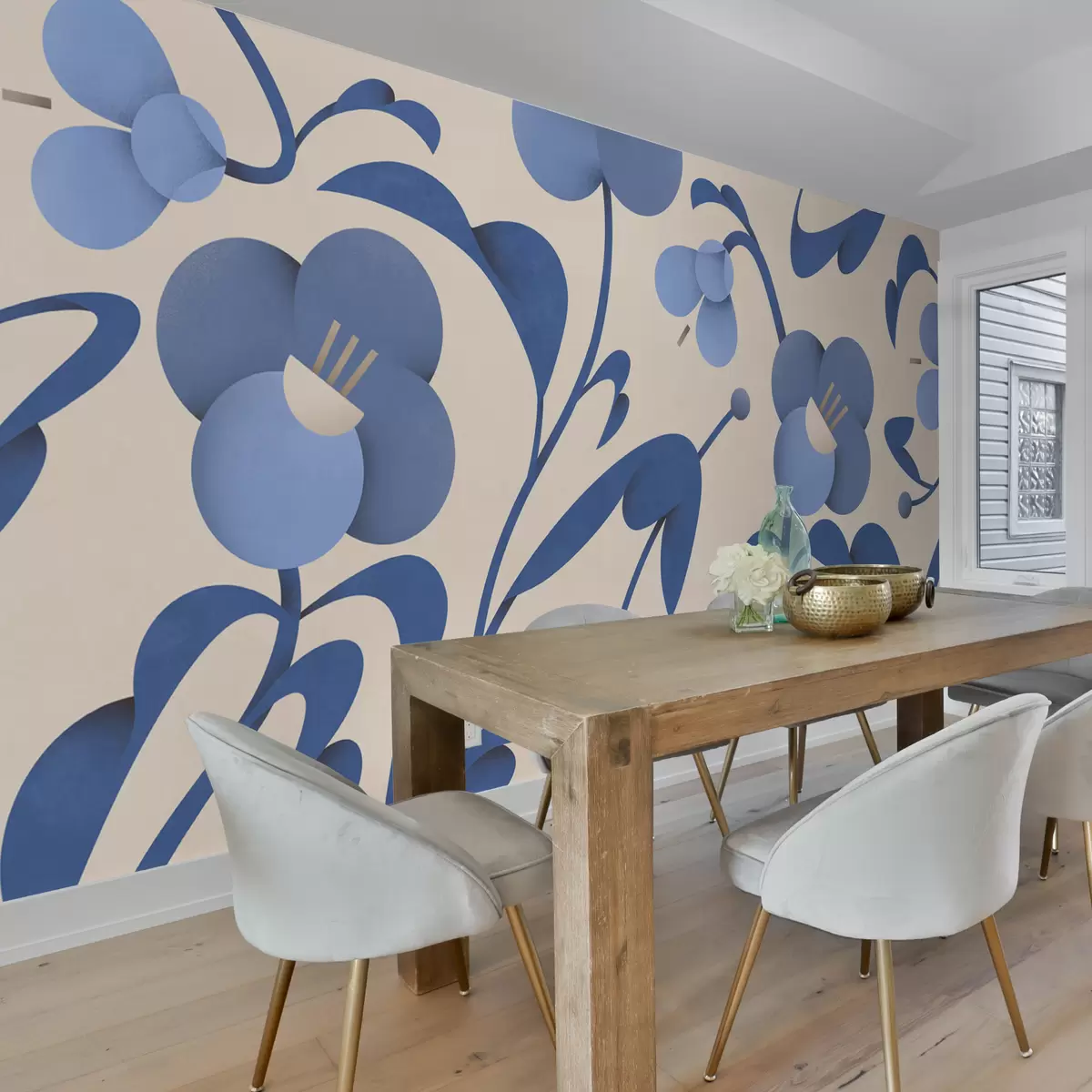 wall murals Botanical print with decorative blue flowers on a beige background u99196v7