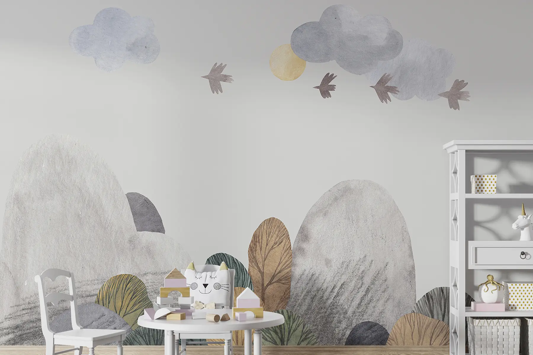 wall murals Watercolor landscape with trees, birds and clouds u99202