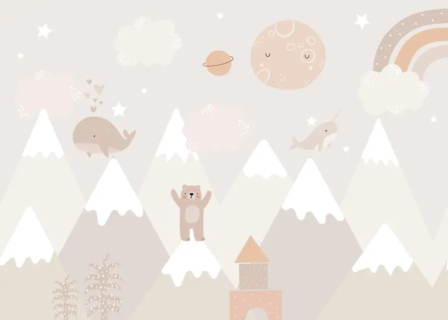 wall murals Mountains with cute animals, clouds and planets, beige colors u99206