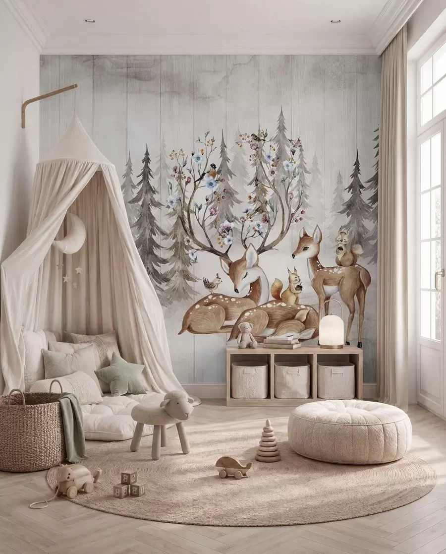 wall murals Watercolour forest with reindeer u98679