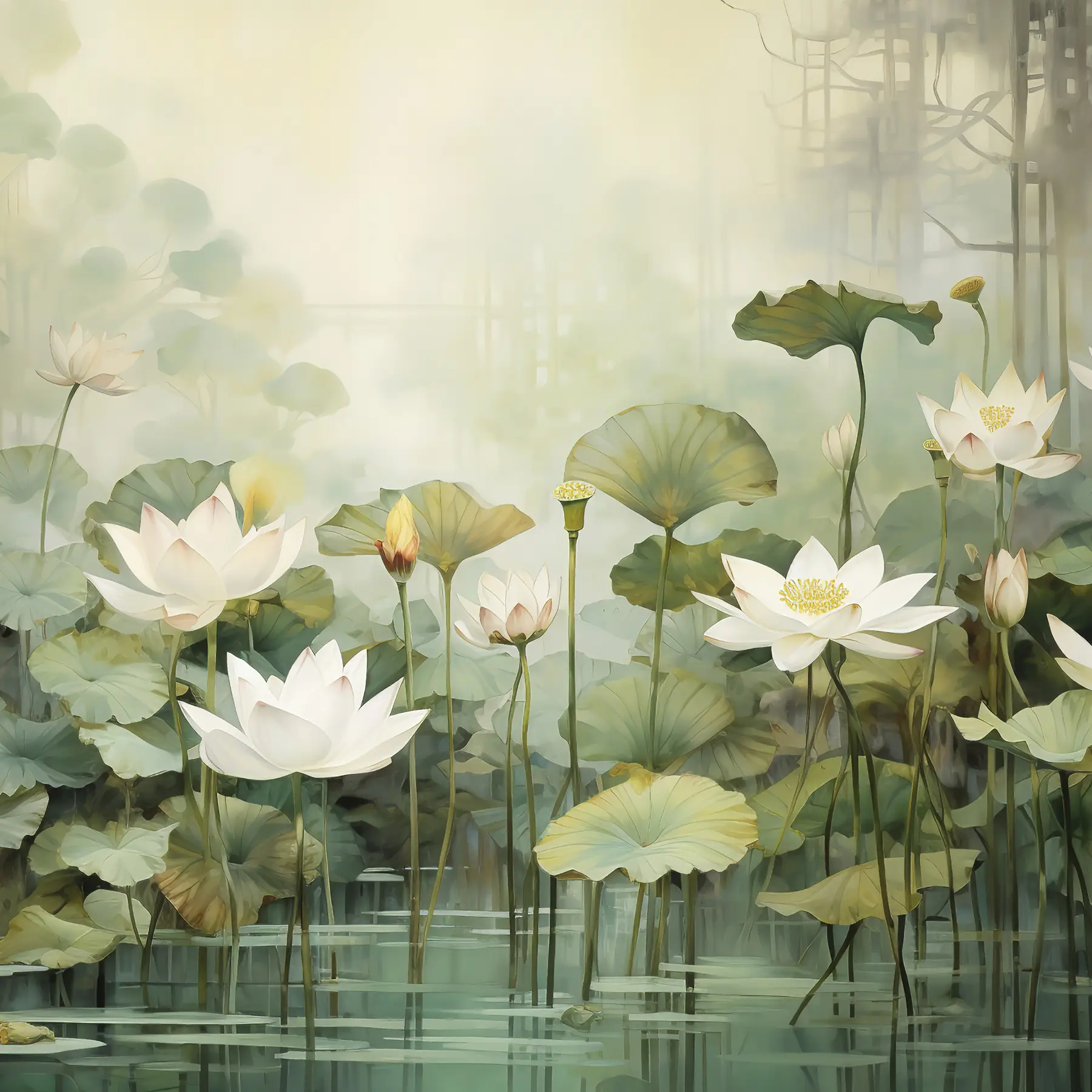 wall murals Lotus flowers in the lake, jungle, tropical art, greenery u99454d1