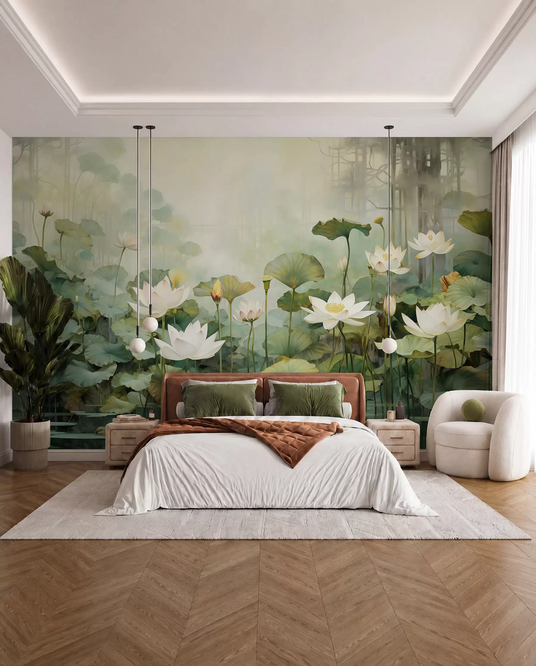 wall murals Lotus Pond in Soft Green u99454