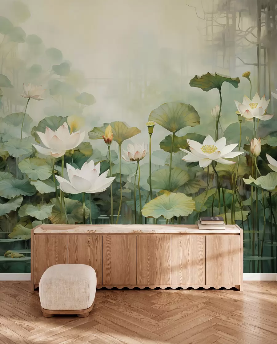 wall murals Lotus flowers in the lake, jungle, tropical art, greenery u99454