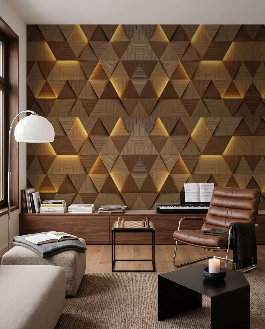 wall murals Classic wooden triangles with 3D illumination u99280