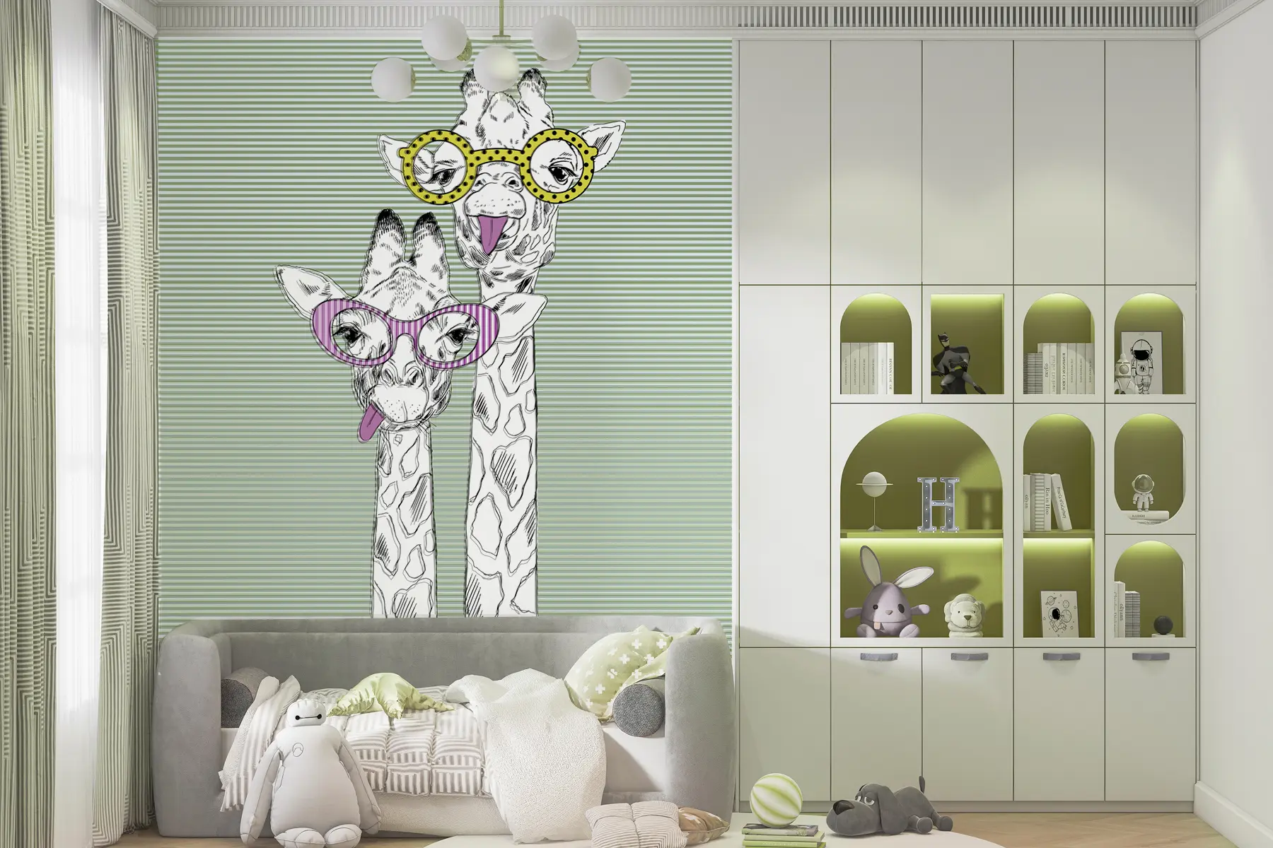 wall murals Illustration of giraffes in funky glasses with green stripes u99418v1