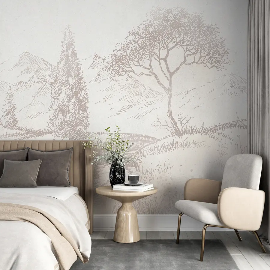 wall murals Toscana landscape, tree, field, minimalism, natural beige colors u99570