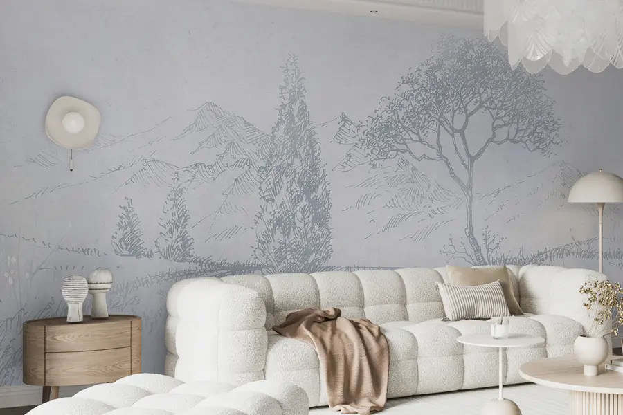 wall murals Toscana landscape, tree, field, minimalism, natural blue colors u99570v2
