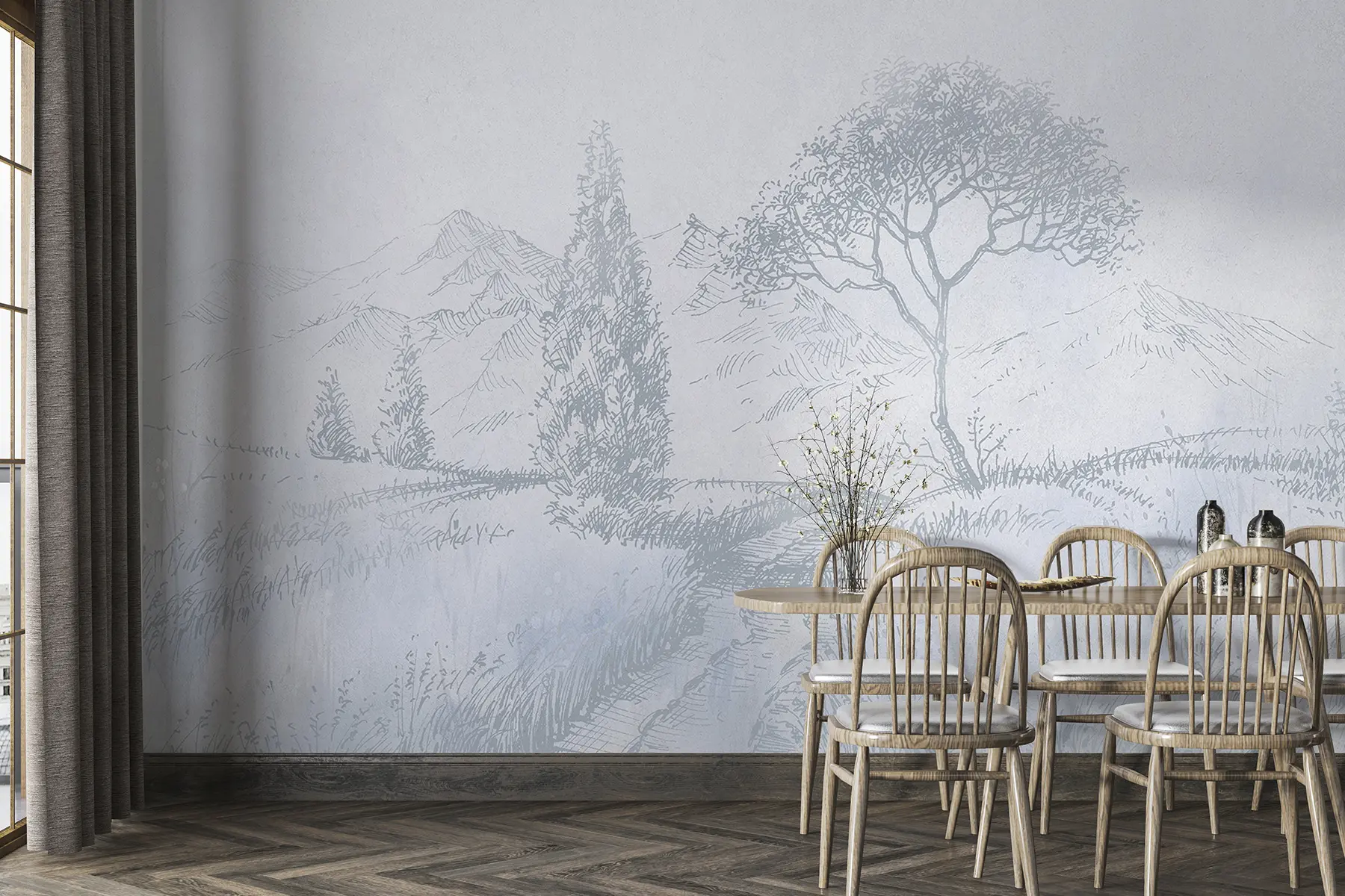 wall murals Toscana landscape, tree, field, minimalism, natural blue colors u99570v2