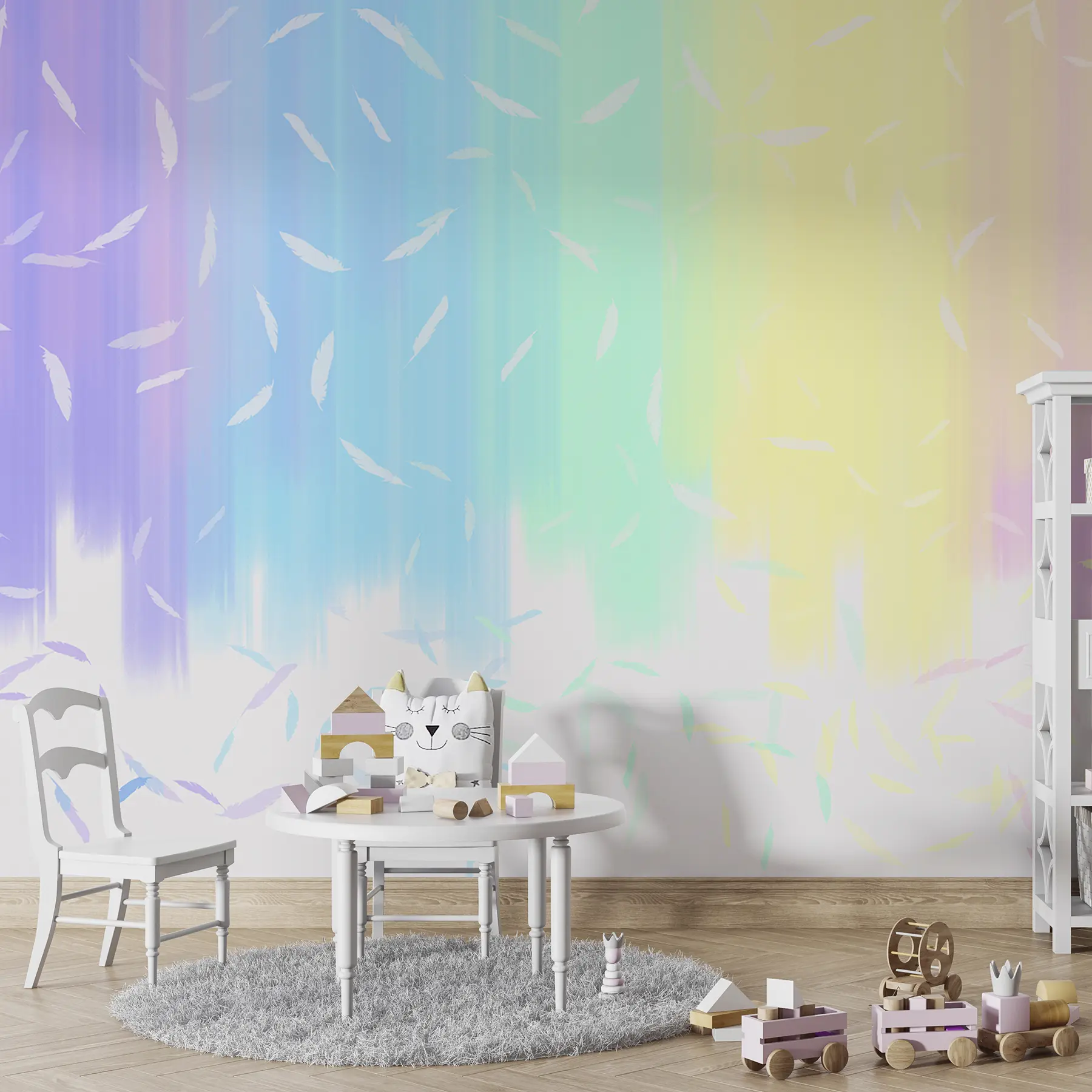 wall murals Rainbow with feathers, juvenile, fairytale, gradient u99651