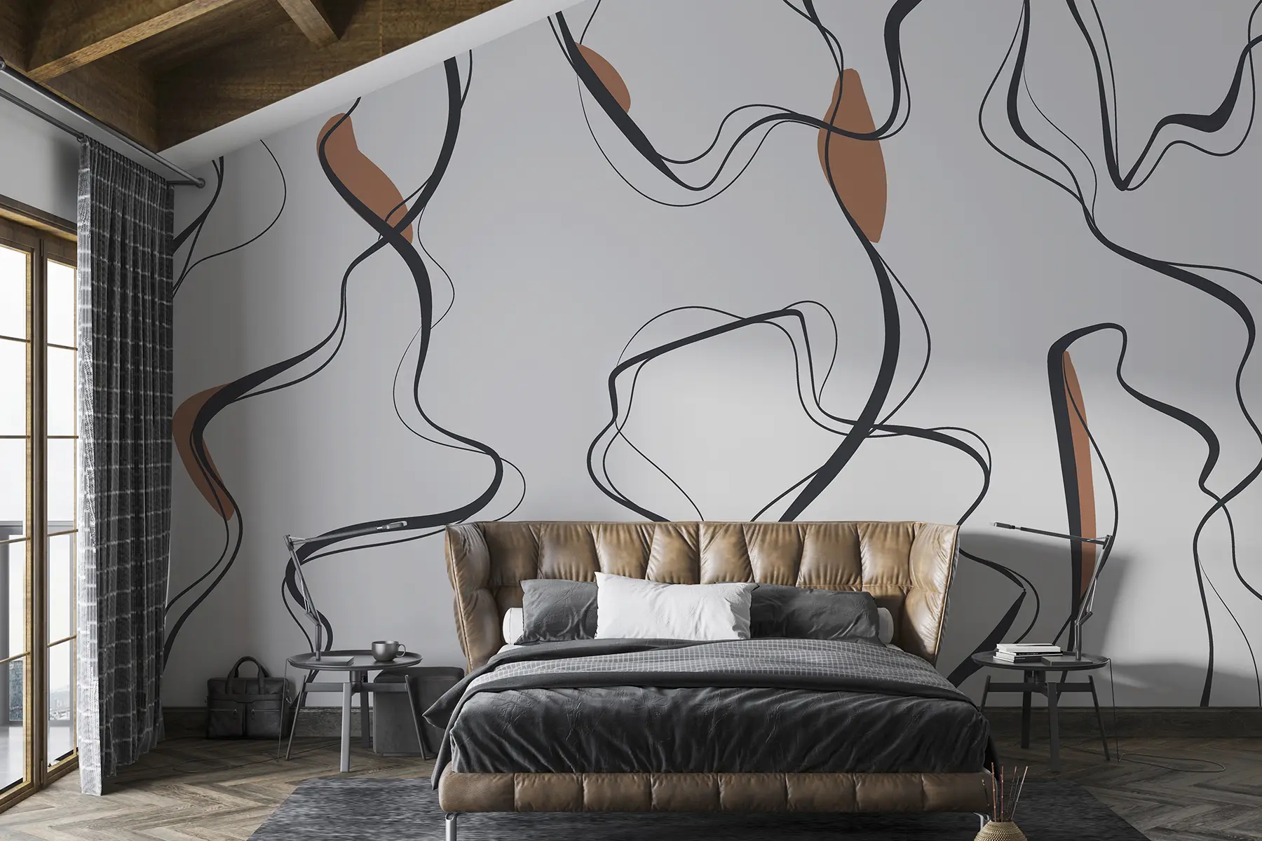 wall murals Ink drawing art, abstract pattern, geometric lines, grey and orange u99659v3