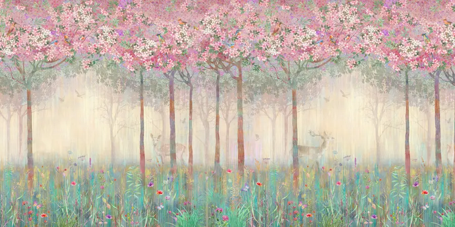 wall murals Flowering trees with long trunks, deer between the trees u62100d2