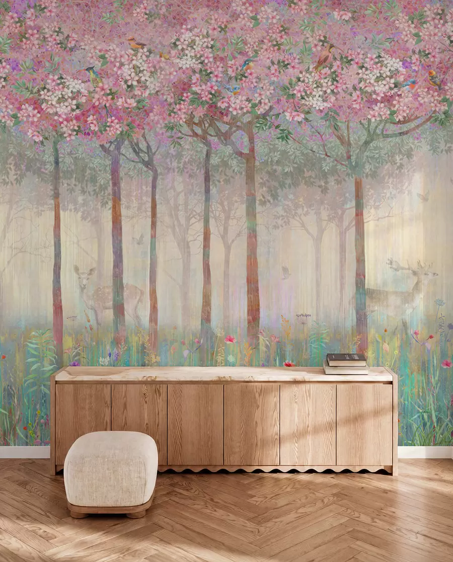 wall murals Flowering trees with long trunks, deer between the trees u62100d2