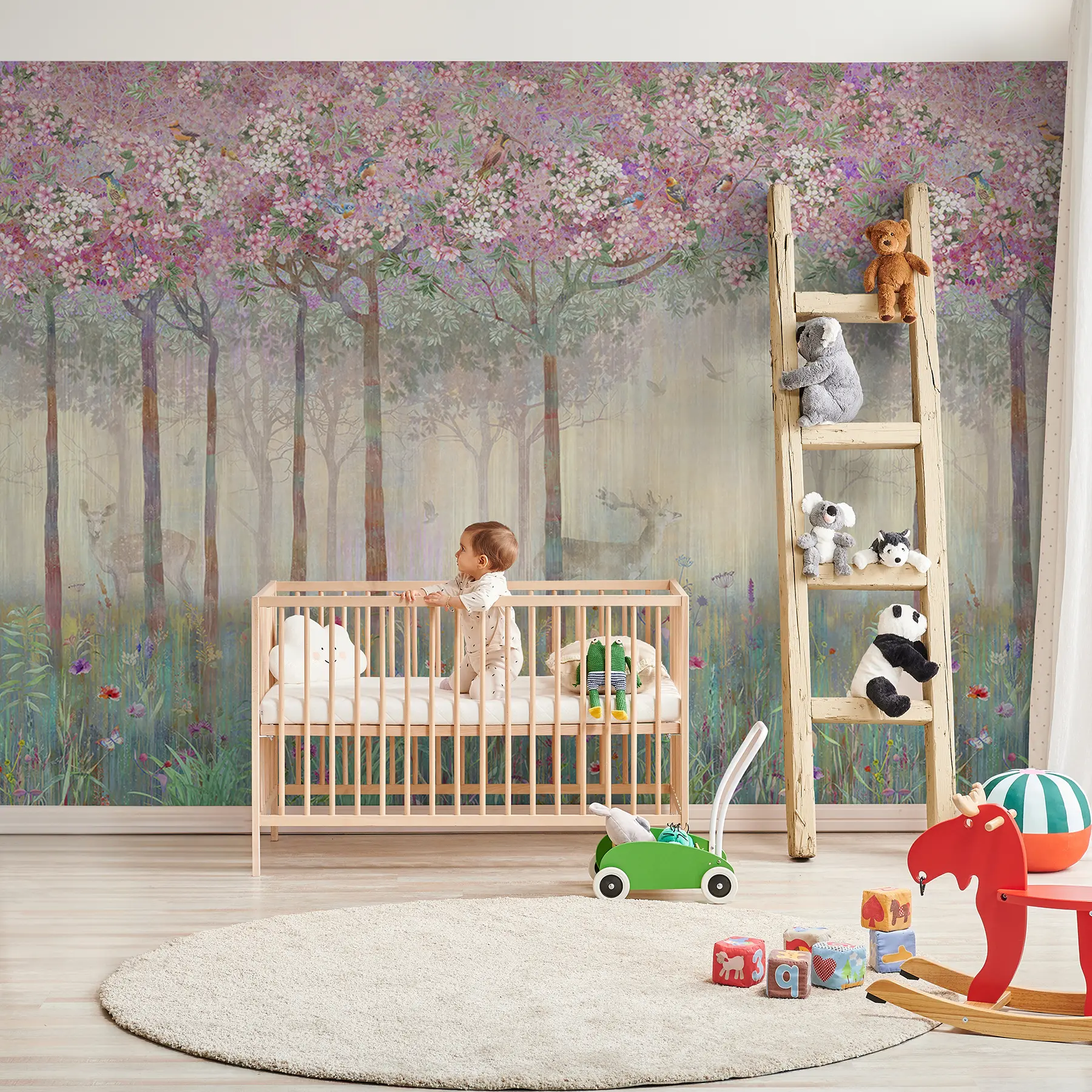 wall murals Flowering trees with long trunks, deer between the trees u62100d2
